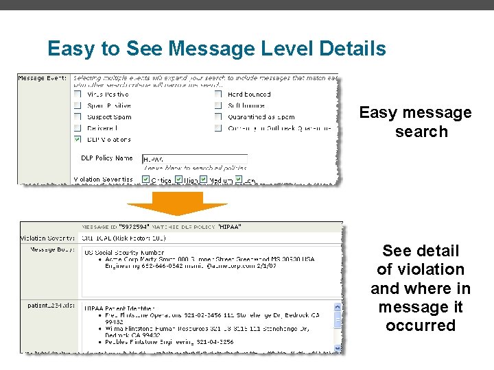 Easy to See Message Level Details Easy message search See detail of violation and