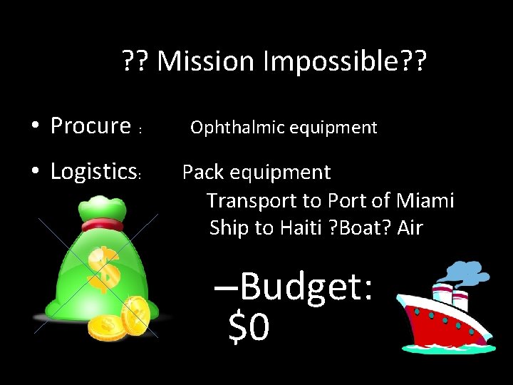  ? ? Mission Impossible? ? • Procure : Ophthalmic equipment • Logistics: Pack