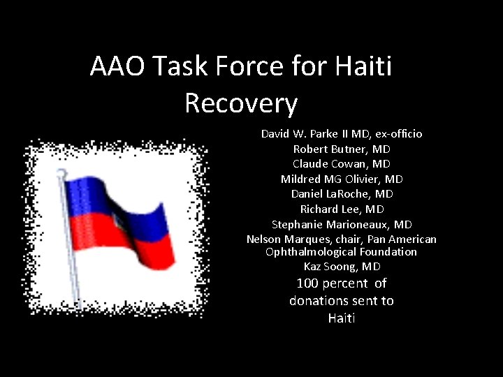 AAO Task Force for Haiti Recovery David W. Parke II MD, ex-officio Robert Butner,