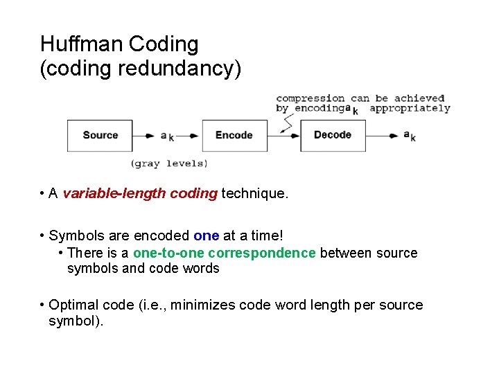 Huffman Coding (coding redundancy) • A variable-length coding technique. • Symbols are encoded one