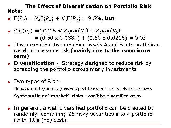 The Effect of Diversification on Portfolio Risk Note: u E(RP) = XAE(RA) + XBE(RB)