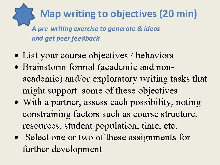 Map writing to objectives (20 min) A pre-writing exercise to generate & ideas and