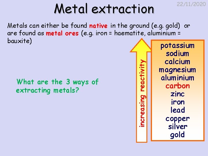 Metal extraction 22/11/2020 What are the 3 ways of extracting metals? increasing reactivity Metals