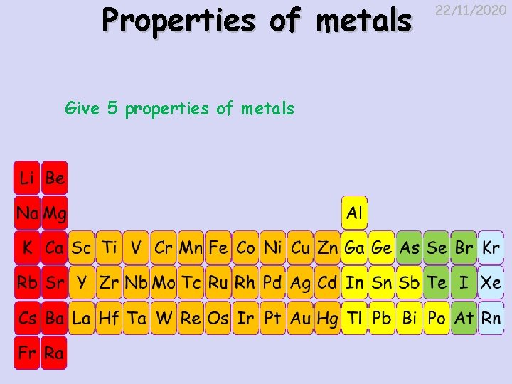 Properties of metals Give 5 properties of metals 22/11/2020 