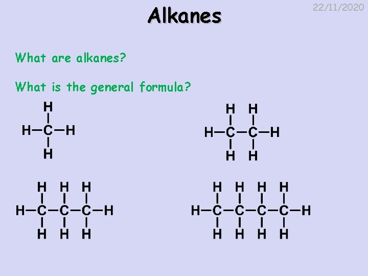 Alkanes What are alkanes? What is the general formula? 22/11/2020 
