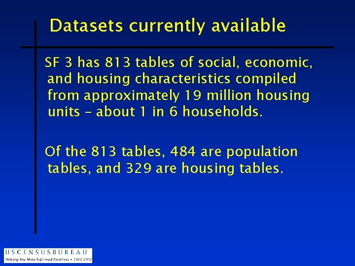 Datasets currently available SF 3 has 813 tables of social, economic, and housing characteristics