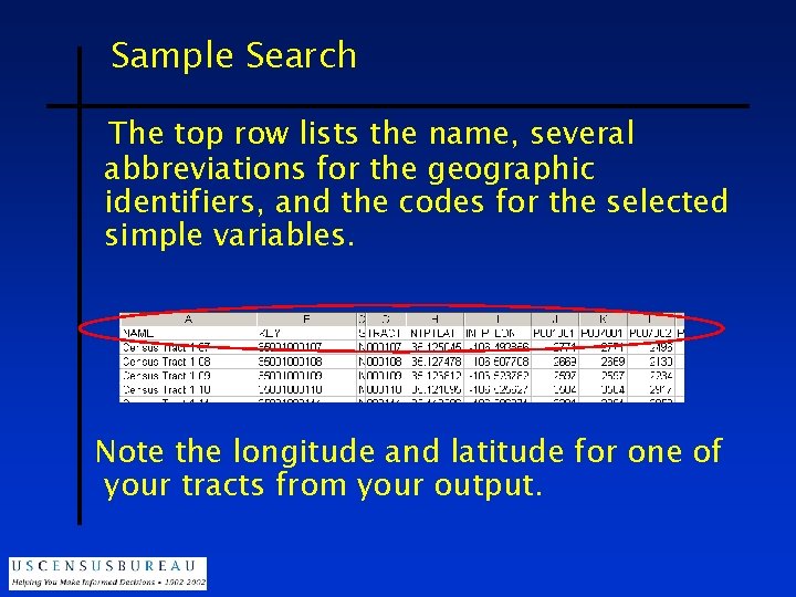 Sample Search The top row lists the name, several abbreviations for the geographic identifiers,