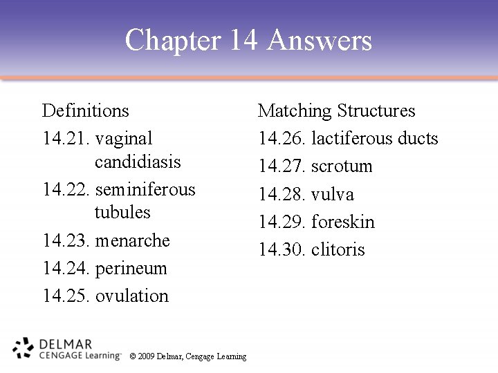Chapter 14 Answers Definitions 14. 21. vaginal candidiasis 14. 22. seminiferous tubules 14. 23.