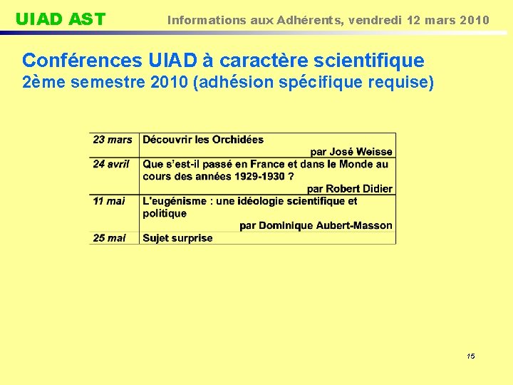 UIAD AST Informations aux Adhérents, vendredi 12 mars 2010 Conférences UIAD à caractère scientifique