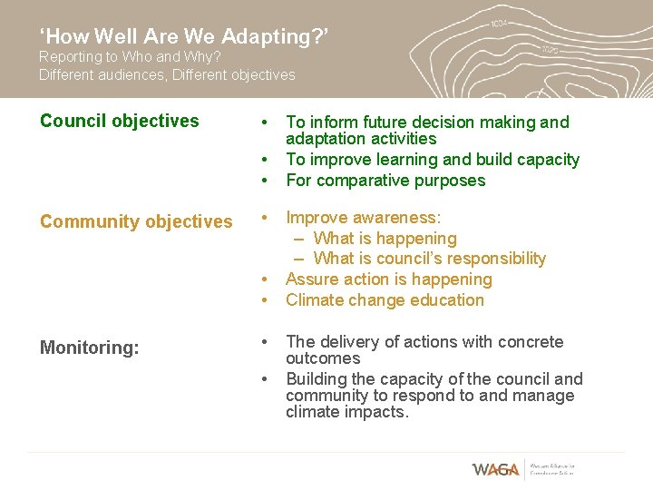 ‘How Well Are We Adapting? ’ Reporting to Who and Why? Different audiences, Different