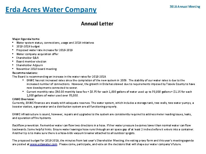 Erda Acres Water Company 2018 Annual Meeting Annual Letter Major Agenda Items: • Water