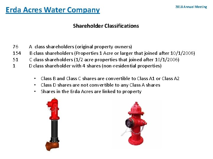 Erda Acres Water Company 2018 Annual Meeting Shareholder Classifications 76 A class shareholders (original