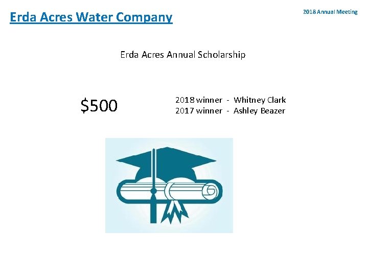 2018 Annual Meeting Erda Acres Water Company Erda Acres Annual Scholarship $500 2018 winner