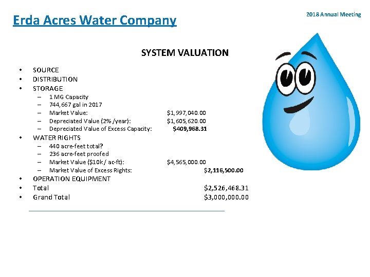 2018 Annual Meeting Erda Acres Water Company SYSTEM VALUATION • • • SOURCE DISTRIBUTION