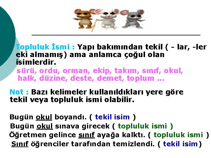 Topluluk İsmi : Yapı bakımından tekil ( - lar, -ler eki almamış) ama anlamca