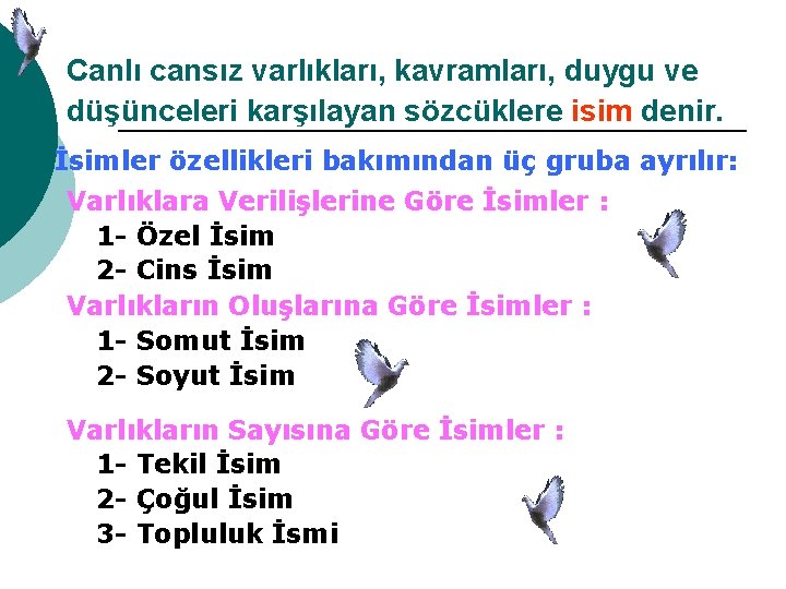 Canlı cansız varlıkları, kavramları, duygu ve düşünceleri karşılayan sözcüklere isim denir. İsimler özellikleri bakımından