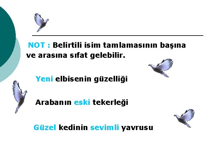 NOT : Belirtili isim tamlamasının başına ve arasına sıfat gelebilir. Yeni elbisenin güzelliği Arabanın