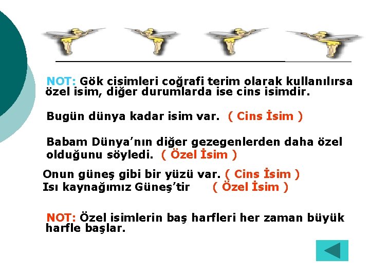 NOT: Gök cisimleri coğrafi terim olarak kullanılırsa özel isim, diğer durumlarda ise cins isimdir.