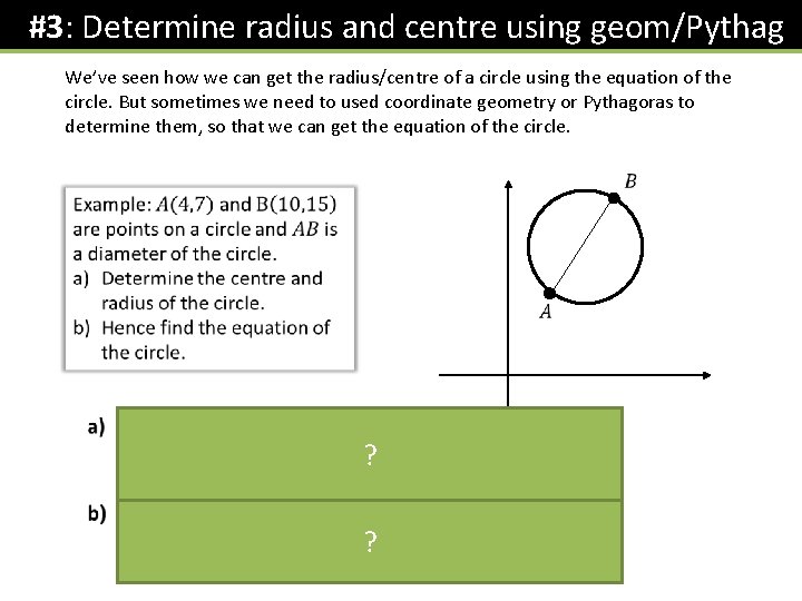 #3: Determine radius and centre using geom/Pythag We’ve seen how we can get the