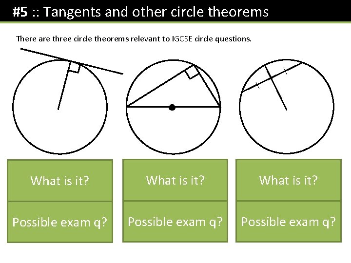 #5 : : Tangents and other circle theorems There are three circle theorems relevant