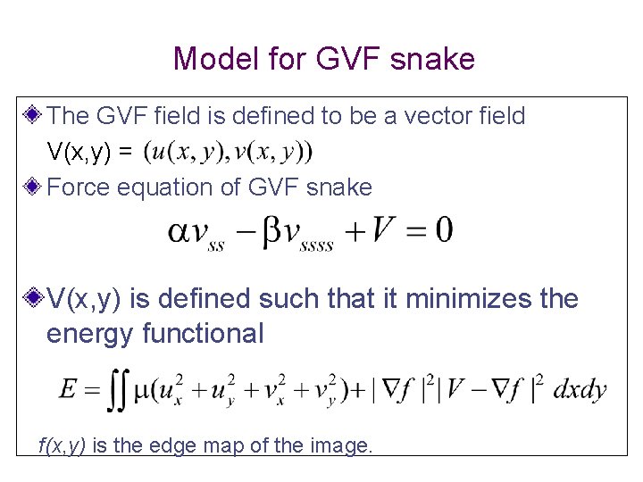 Model for GVF snake The GVF field is defined to be a vector field Model for GVF snake The GVF field is defined to be a vector field