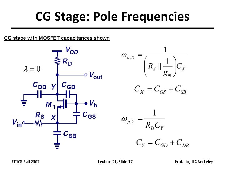 CG Stage: Pole Frequencies CG stage with MOSFET capacitances shown EE 105 Fall 2007