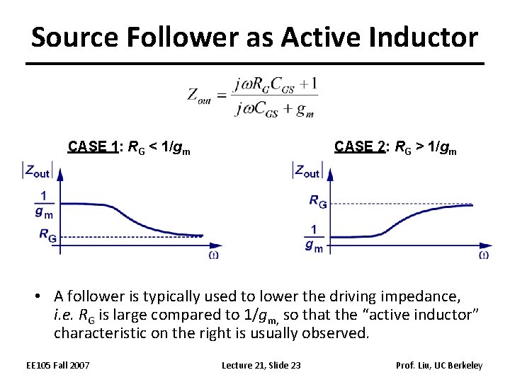Source Follower as Active Inductor CASE 1: RG < 1/gm CASE 2: RG >