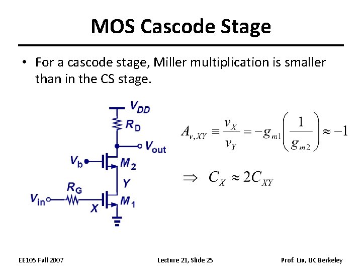 MOS Cascode Stage • For a cascode stage, Miller multiplication is smaller than in