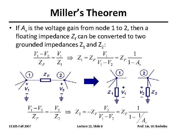 Miller’s Theorem • If Av is the voltage gain from node 1 to 2,