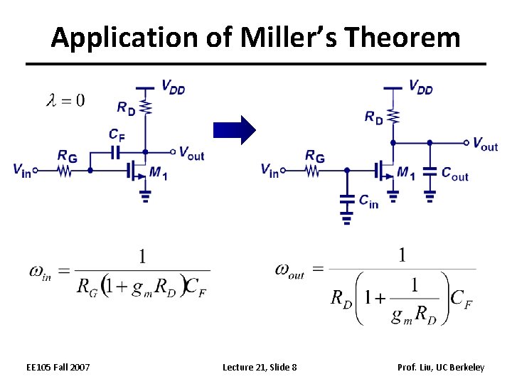 Application of Miller’s Theorem EE 105 Fall 2007 Lecture 21, Slide 8 Prof. Liu,