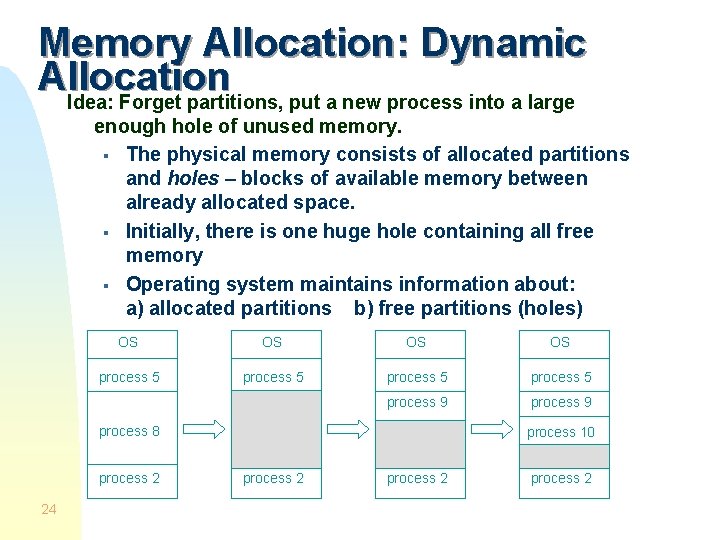 Memory Allocation: Dynamic Allocation Idea: Forget partitions, put a new process into a large