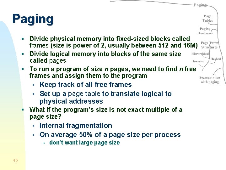 Paging § Divide physical memory into fixed-sized blocks called frames (size is power of