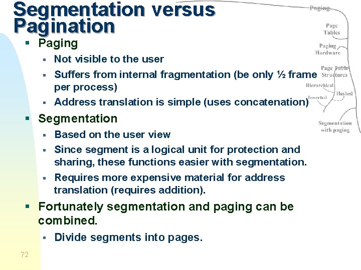 Segmentation versus Pagination § Paging § § § Not visible to the user Suffers