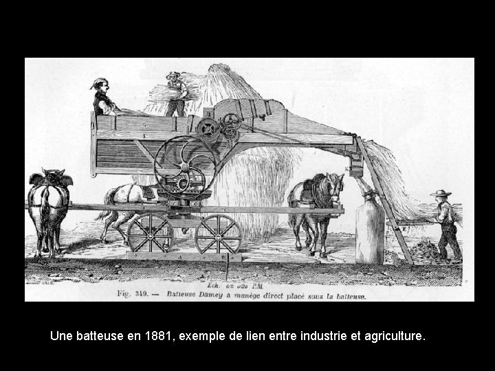 Une batteuse en 1881, exemple de lien entre industrie et agriculture. 