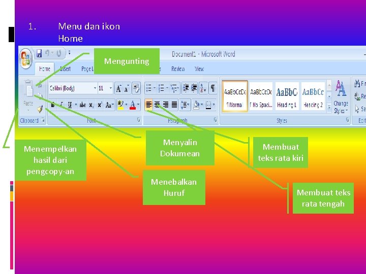 1. Menu dan ikon Home Mengunting Menempelkan hasil dari pengcopy-an Menyalin Dokumean Menebalkan Huruf