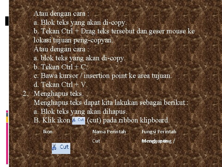 Atau dengan cara : a. Blok teks yang akan di-copy. b. Tekan Ctrl +