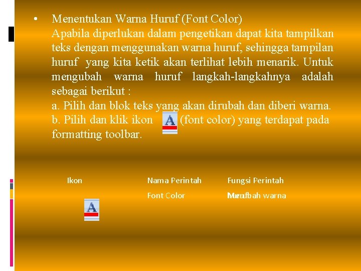  • Menentukan Warna Huruf (Font Color) Apabila diperlukan dalam pengetikan dapat kita tampilkan