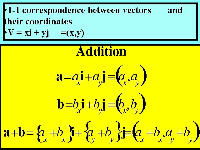  • 1 -1 correspondence between vectors their coordinates • V = xi +