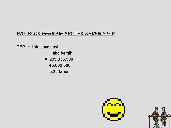 PAY BACK PERIODE APOTEK SEVEN STAR PBP = total investasi laba bersih = 235.