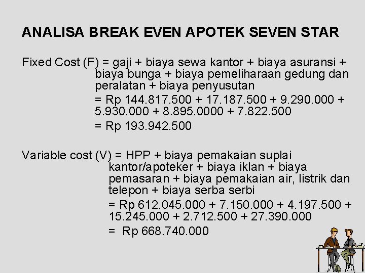 ANALISA BREAK EVEN APOTEK SEVEN STAR Fixed Cost (F) = gaji + biaya sewa