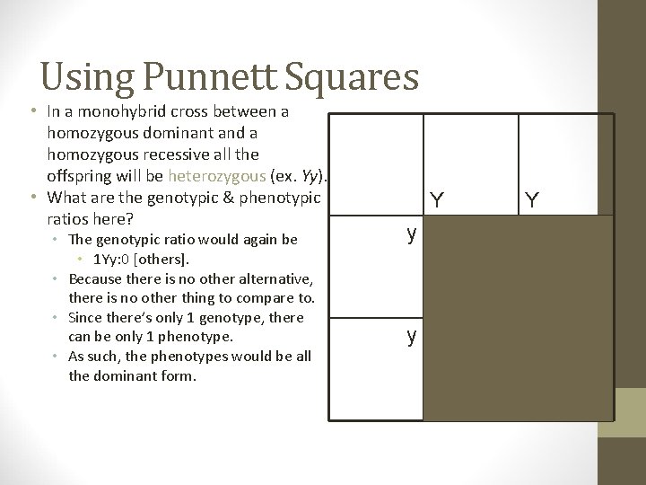 Using Punnett Squares • In a monohybrid cross between a homozygous dominant and a