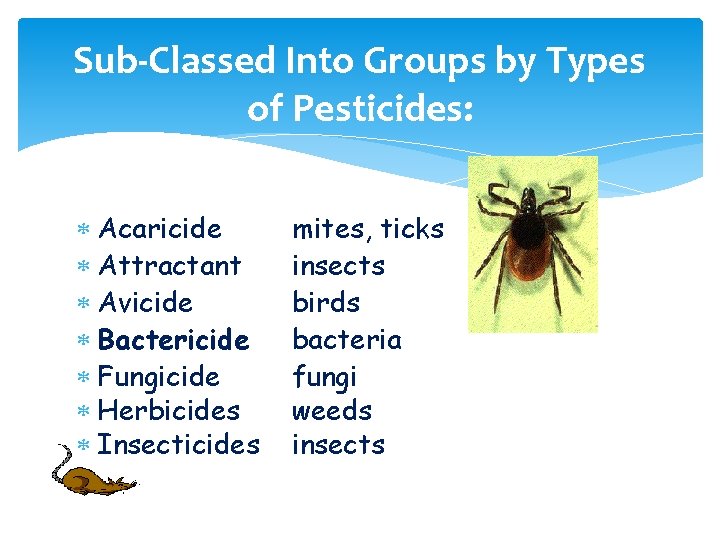 Sub-Classed Into Groups by Types of Pesticides: Acaricide Attractant Avicide Bactericide Fungicide Herbicides Insecticides