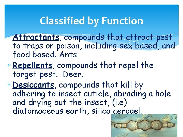 Classified by Function Attractants, compounds that attract pest to traps or poison, including sex