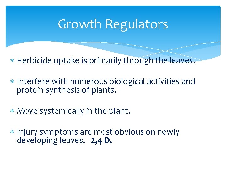 Growth Regulators Herbicide uptake is primarily through the leaves. Interfere with numerous biological activities