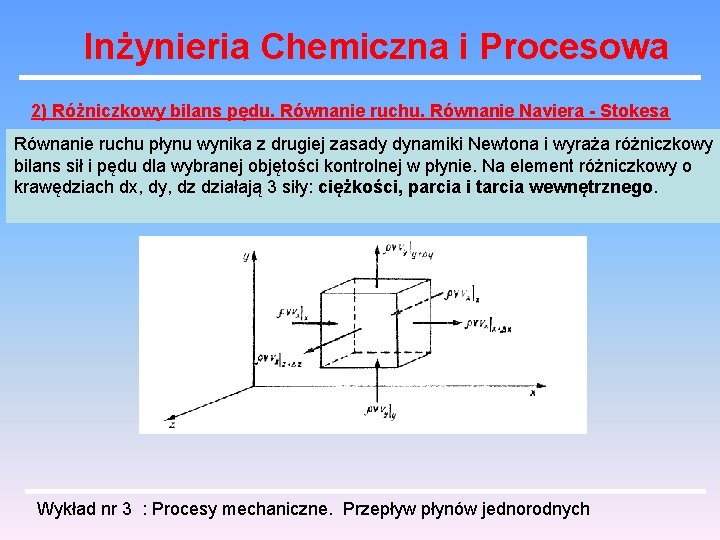 Inżynieria Chemiczna i Procesowa 2) Różniczkowy bilans pędu. Równanie ruchu. Równanie Naviera - Stokesa