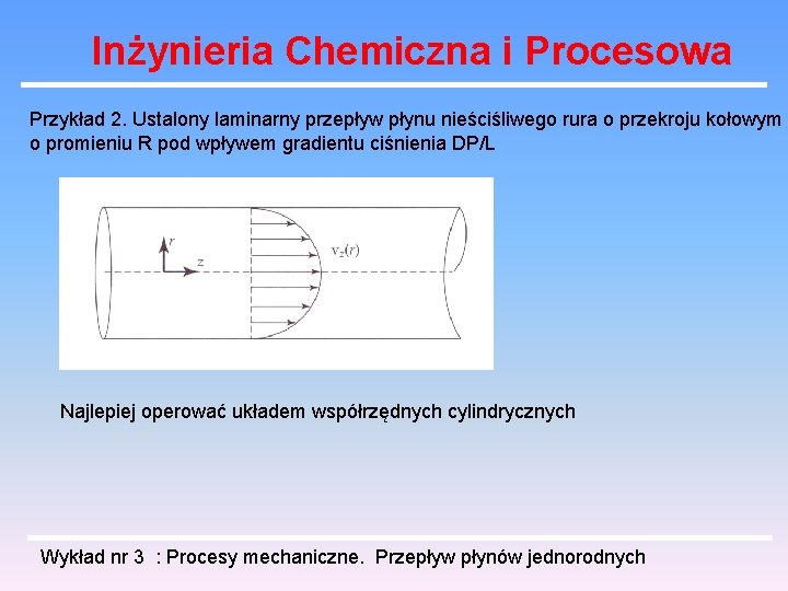Inżynieria Chemiczna i Procesowa Przykład 2. Ustalony laminarny przepływ płynu nieściśliwego rura o przekroju