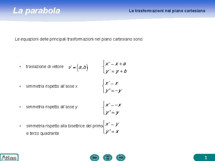 La parabola Le trasformazioni nel piano cartesiano Le equazioni delle principali trasformazioni nel piano
