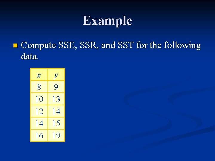 Example n Compute SSE, SSR, and SST for the following data. x 8 10