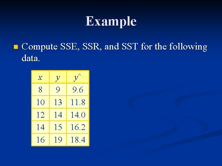 Example n Compute SSE, SSR, and SST for the following data. x 8 10