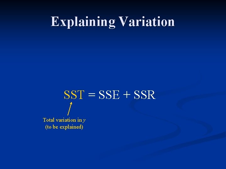 Explaining Variation SST = SSE + SSR Total variation in y (to be explained)